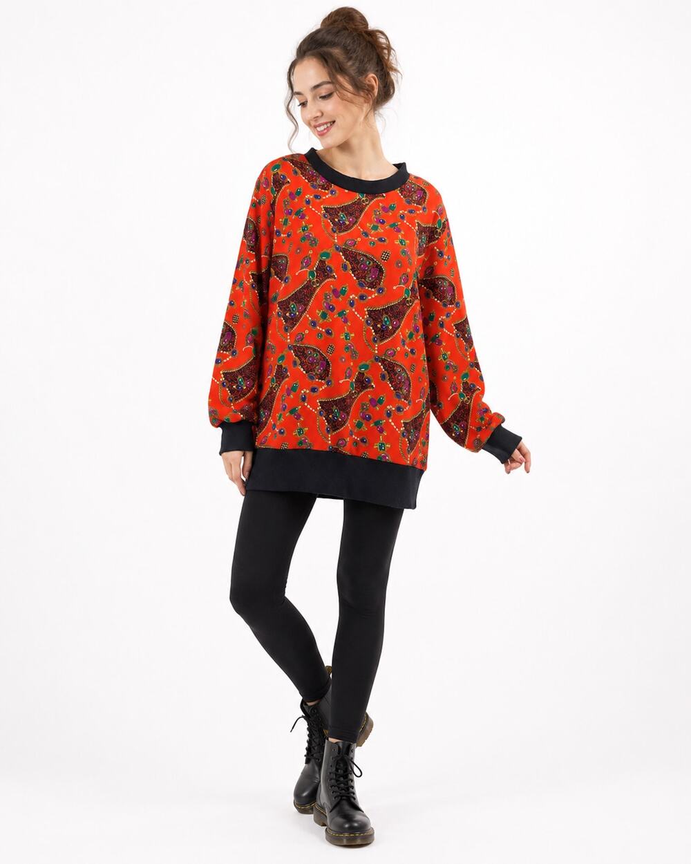 Vintage 80s Red Jewel Print Oversized Tunic Top Silky Polyester Scarf Print
